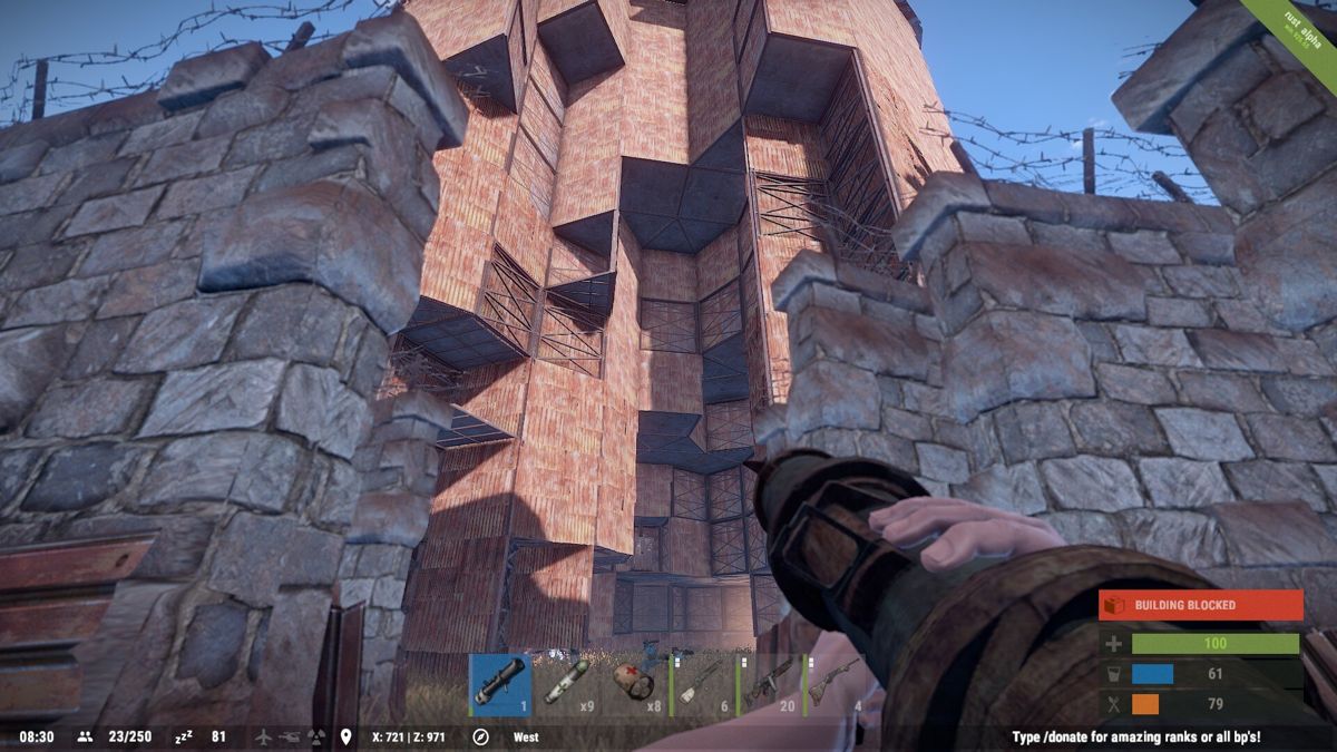 Rust (Windows) screenshot: Tearing through yet another massive base. Was totally barren on the inside and a complete waste of our time and expensive resources. (alpha version win.925.65)