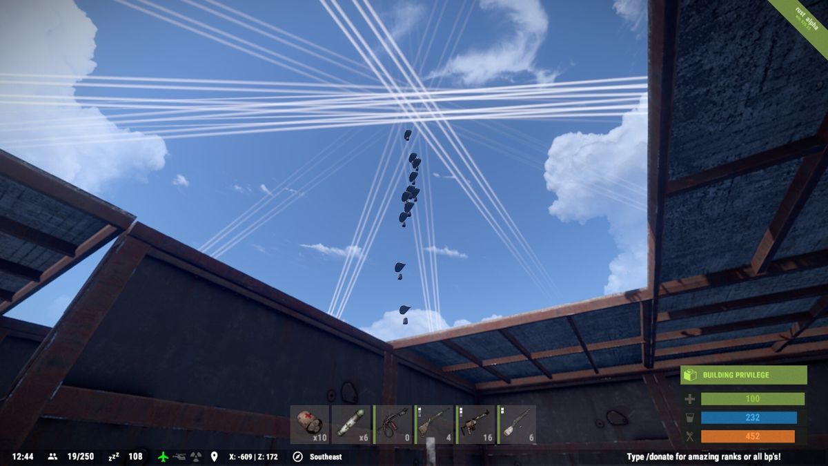 Rust (Windows) screenshot: That...is quite the air drop. A single vertical line means it is no doubt dropping inside a heavily protected base. (alpha version win.925.65)