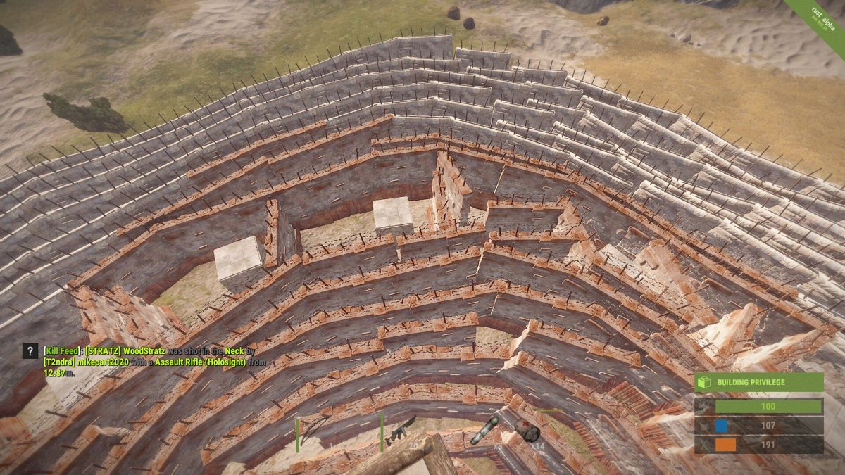 Rust (Windows) screenshot: On some servers, even this many walls is not enough to protect you. It lasted ~3 days before it fell in a shockingly brief offline raid. (alpha version win.820.39)