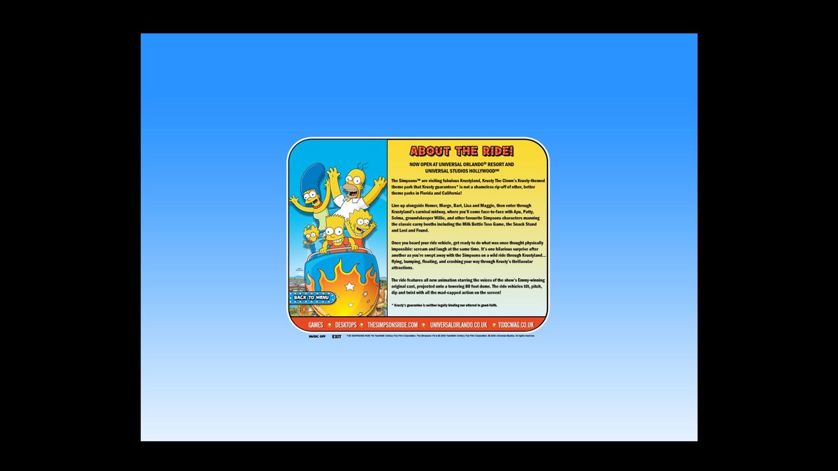 The Simpsons Ride: Preview CD-ROM (included game) (Windows) screenshot: A description of the new Simpsons ride