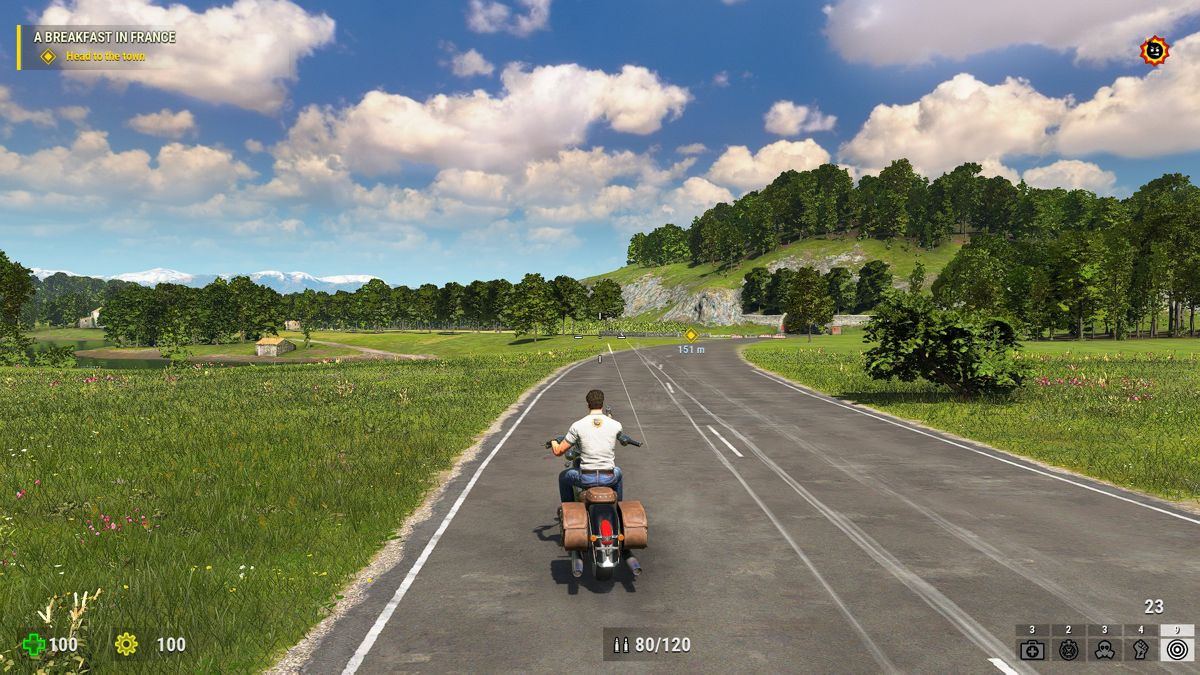 Serious Sam 4 (Windows) screenshot: Sam cruising on his motorcycle.