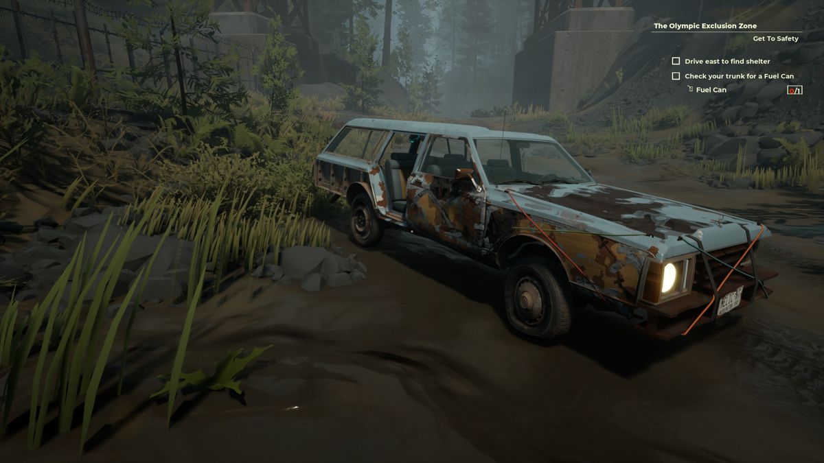 Pacific Drive (Windows) screenshot: A closer look at your banged up car