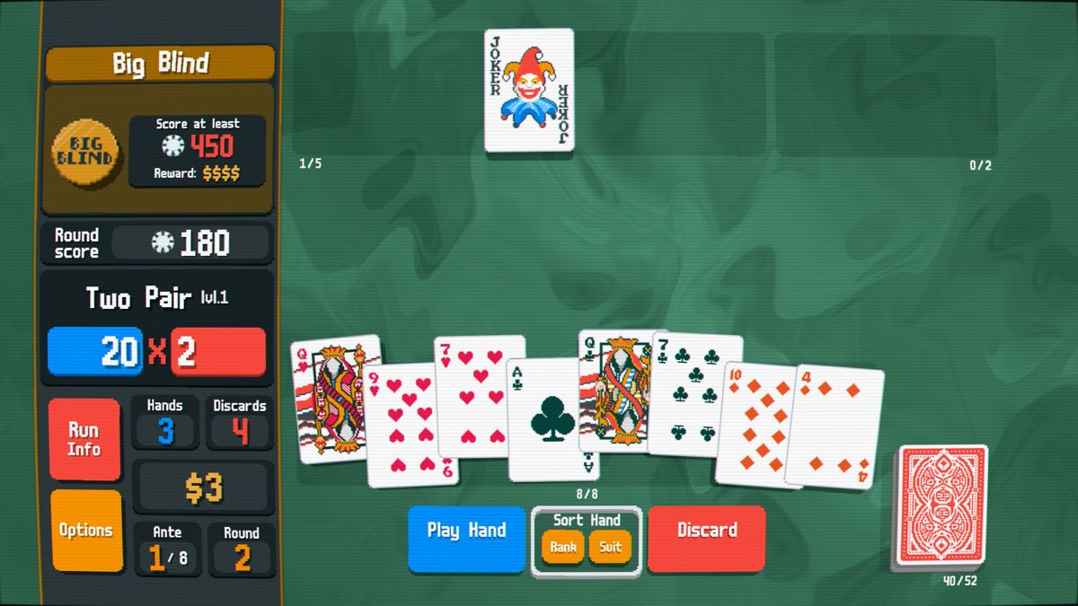 Balatro (Windows) screenshot: Two pairs have been played; the score is being calculated.