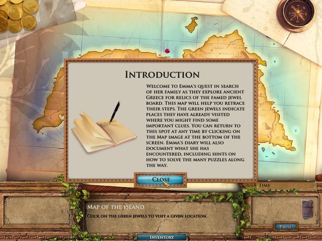 Jewel Quest Mysteries: The Seventh Gate (Windows) screenshot: The game starts with an introduction screen Then Emma comes along and there's a voice over. When I played the game these voice overs, which can also appear at the start and end of a chapter, were accompanied by the borders and a a black game area