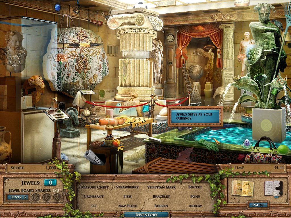 Jewel Quest Mysteries: The Seventh Gate (Windows) screenshot: Remember to look out for jewels and coins, they buy hints and stuff that comes in useful