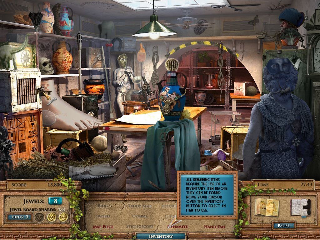 Jewel Quest Mysteries: The Seventh Gate (Windows) screenshot: This is a nice touch, all the 'easy' items have been found. Those that remain need me to unlock something - is there a key in my inventory?