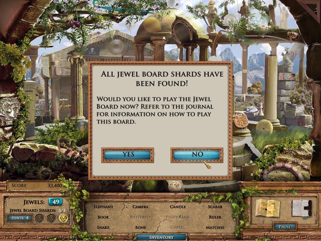 Jewel Quest Mysteries: The Seventh Gate (Windows) screenshot: I have now found all the pieces of the Jewel Board and can play it even though I am in a different location