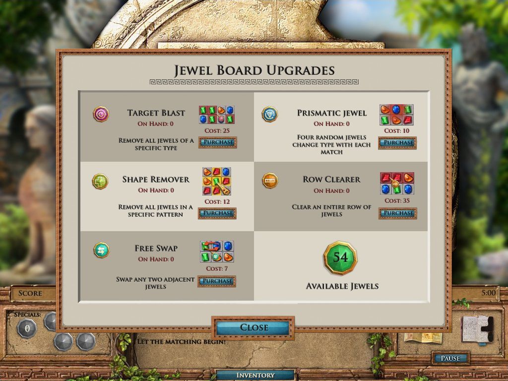Jewel Quest Mysteries: The Seventh Gate (Windows) screenshot: Before playing the Jewel Board I have a chance to buy some helpful tokens, this is where the gems come are used