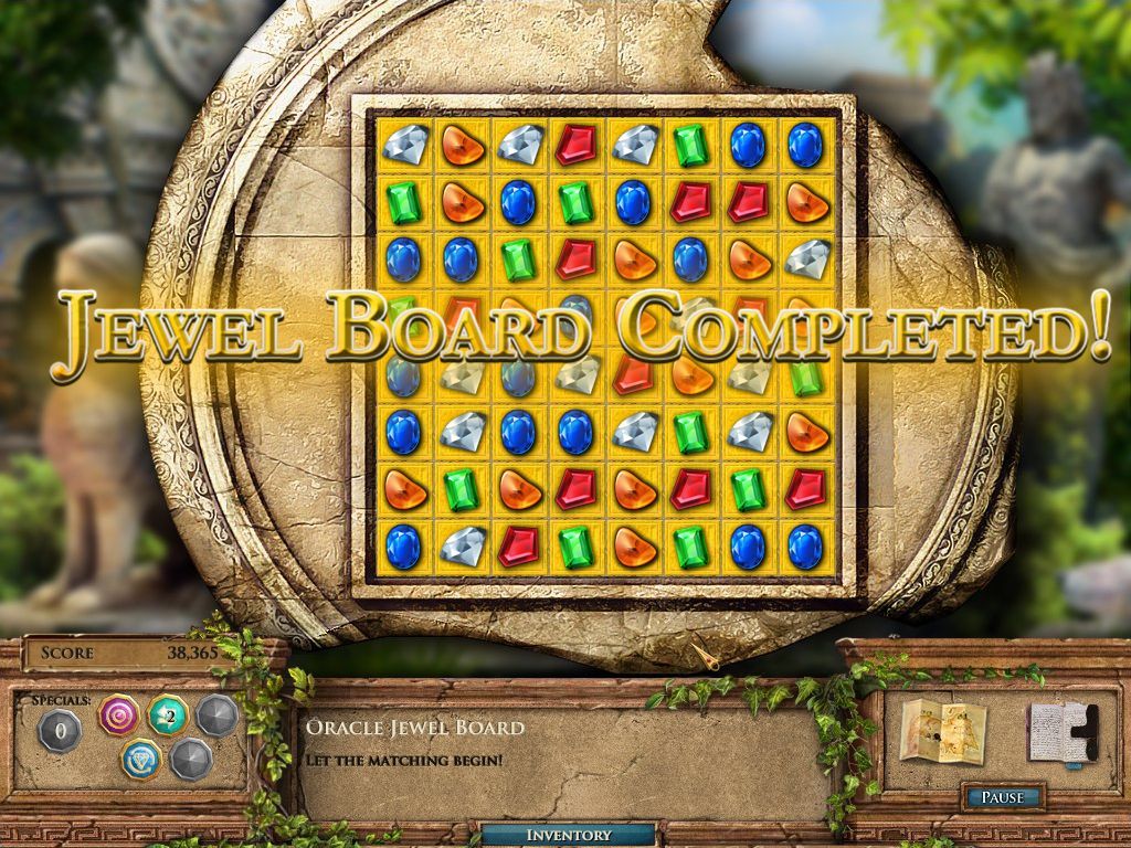 Jewel Quest Mysteries: The Seventh Gate (Windows) screenshot: The objective with Jewel Boards is to match three or more of a kind. When a match is complete the underlying cell colour changes to gold. When the entire grid is golden the game is complete. Later games get harder and have locked jewels and other features