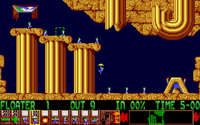 Lemmings (Amiga) screenshot: Use floaters on this level