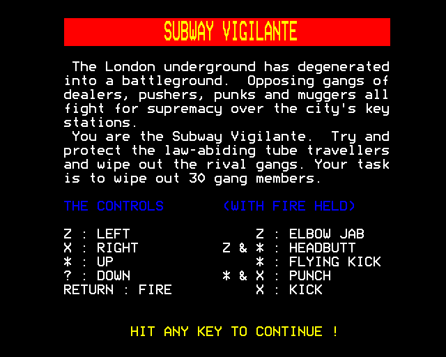 Subway Vigilante (BBC Micro) screenshot: Instructions