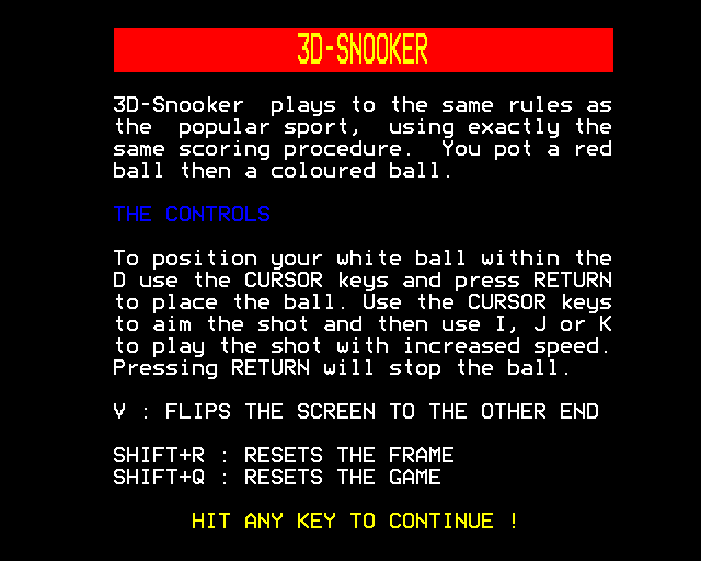 3D Snooker (BBC Micro) screenshot: Instructions