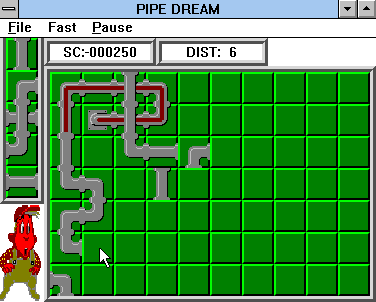 Pipe Dream (Windows 3.x) screenshot: Placing pipes on the grid