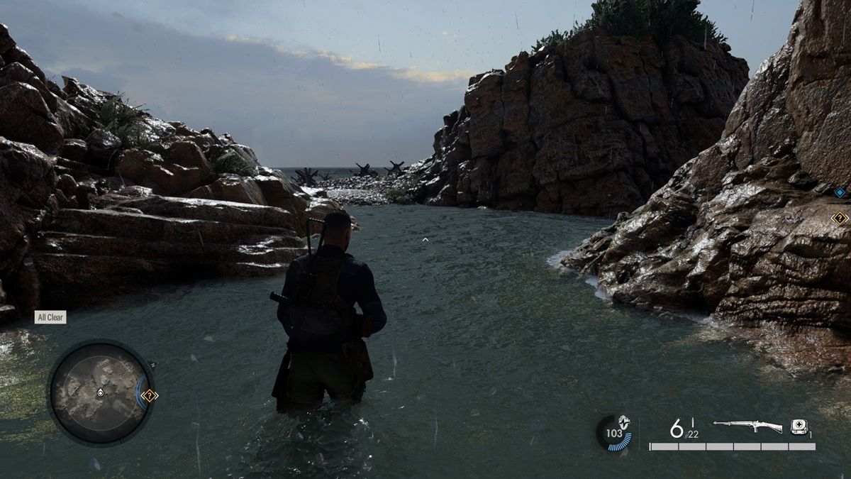 Sniper Elite 5: France (Windows) screenshot: All clear around the coastal rocks.