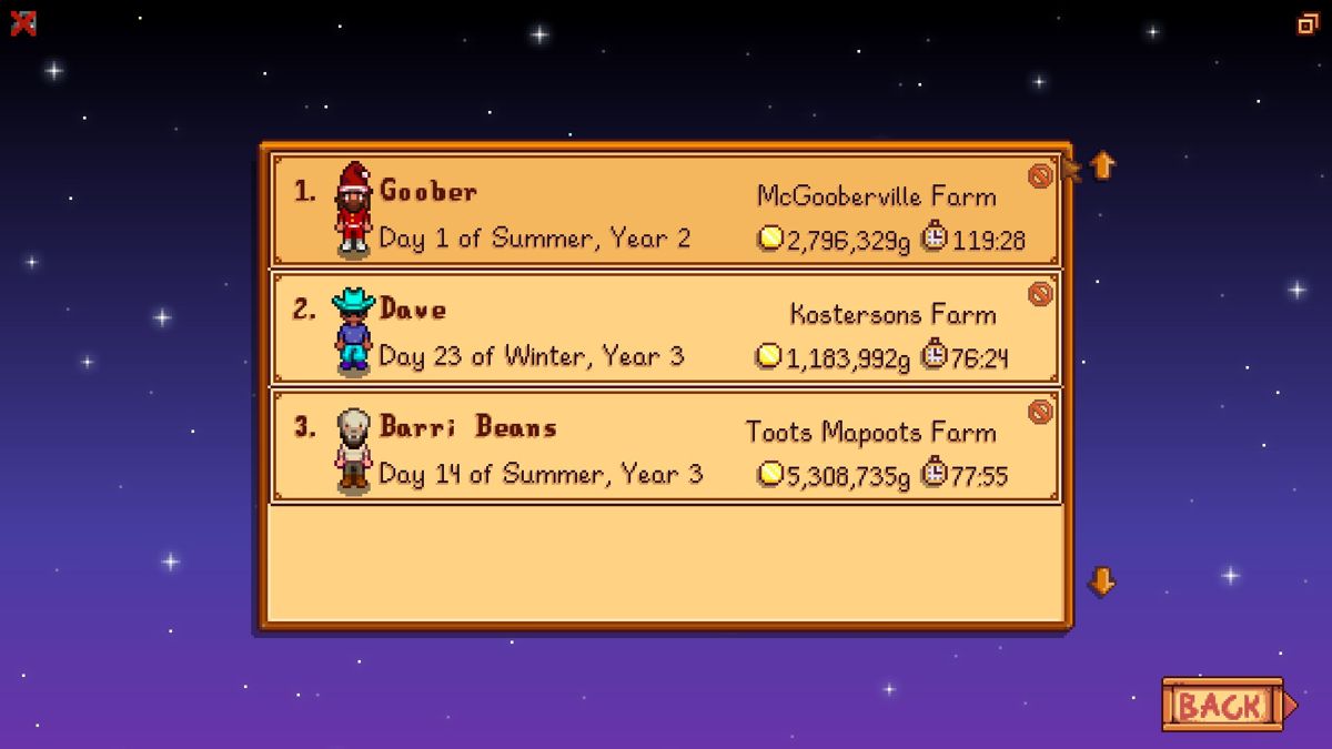 Stardew Valley (Windows) screenshot: From the main menu, you can choose from your saved games.