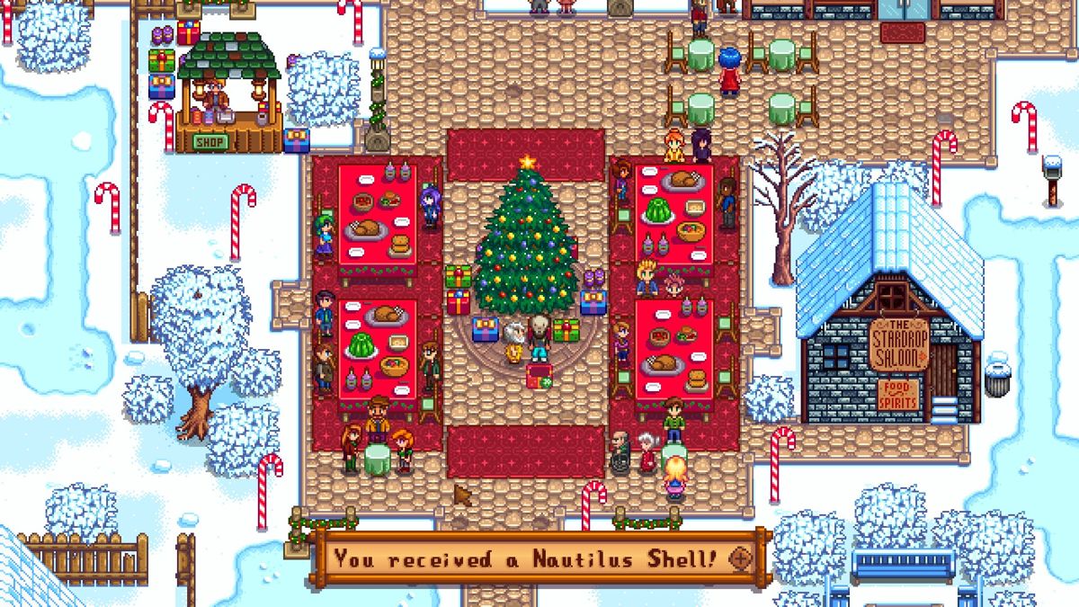 Stardew Valley (Windows) screenshot: Christmas party. Secret Santa gift exchange.