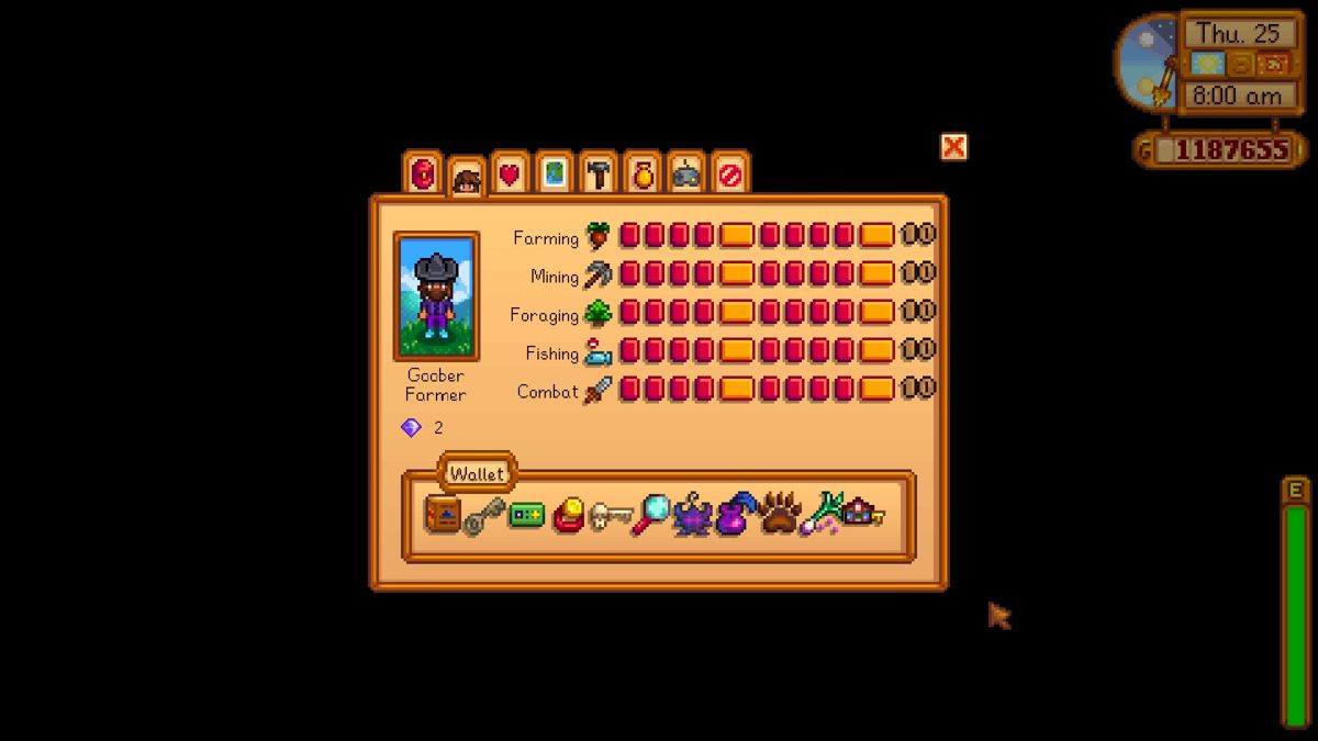 Stardew Valley (Windows) screenshot: Maxed character stats.