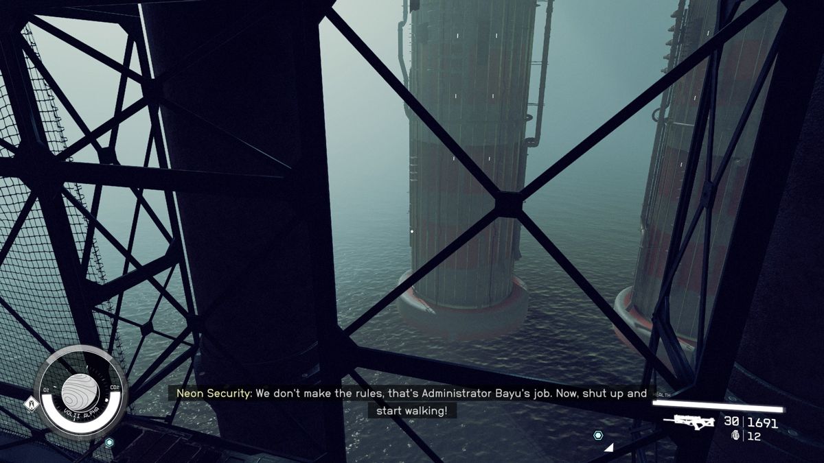 Starfield (Windows) screenshot: Neon sits high above the water.