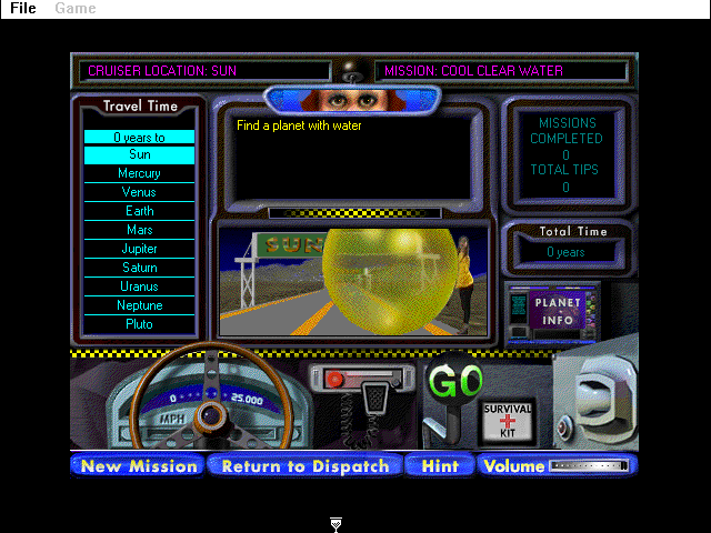 Planetary Taxi (Windows 3.x) screenshot: We picked up a passenger and a hint towards the destination