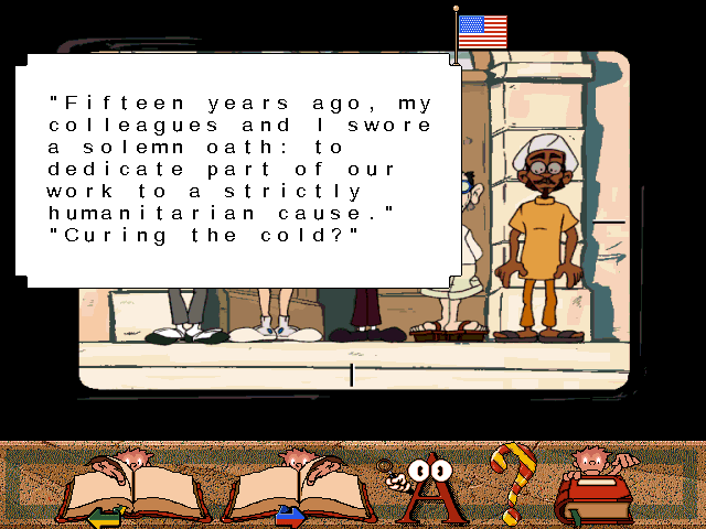 Playtoons 2: The Case of the Counterfeit Collaborator (Windows 3.x) screenshot: Each panel starts with a narrated text