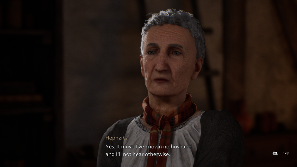 Banishers: Ghosts of New Eden (Xbox Series) screenshot: This is strange to hear after visiting the grave of the husband. Is she lying or did she really forget her life?