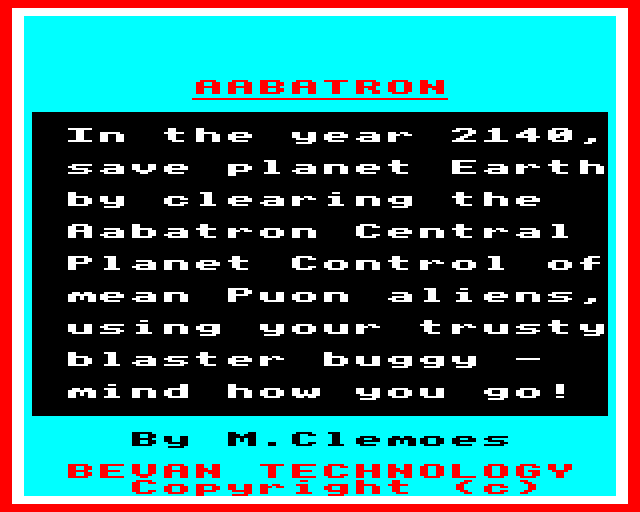 Aabatron (BBC Micro) screenshot: Title Screen