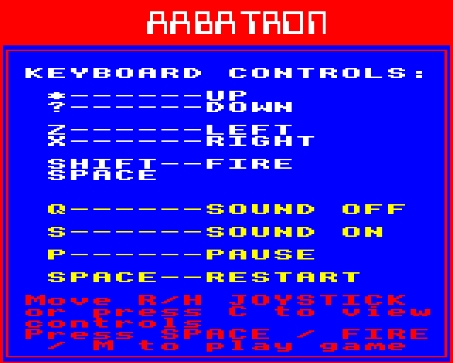 Aabatron (BBC Micro) screenshot: Instructions