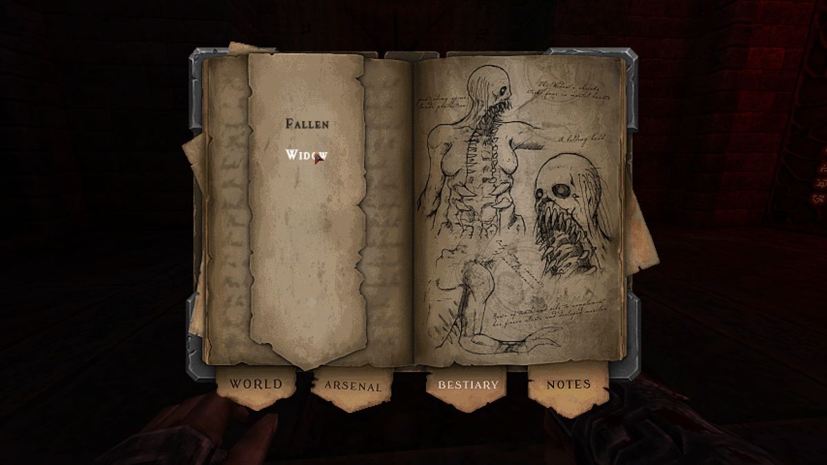 Wrath: Aeon of Ruin (Windows) screenshot: There is a notebook with information about enemies, weapons and progress. (full version)
