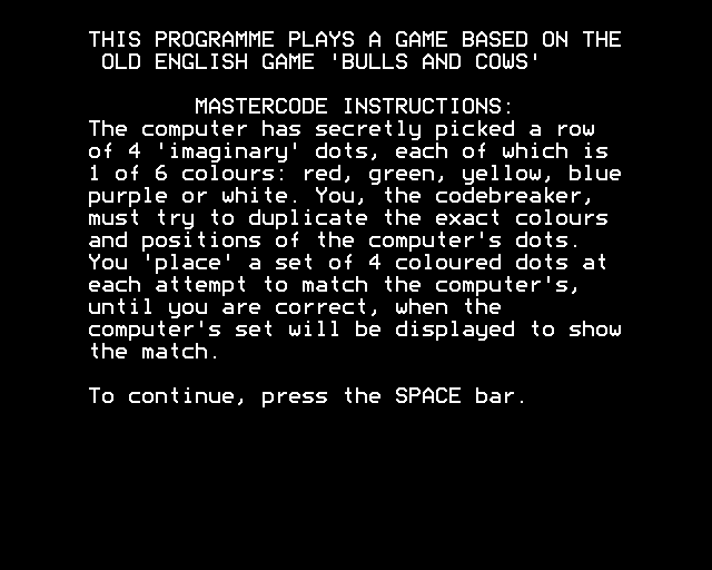 Games of Deduction (BBC Micro) screenshot: Mastercode: Instructions