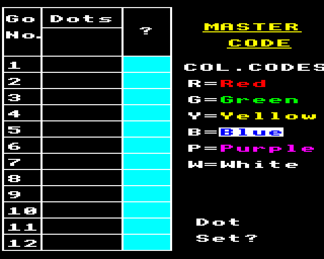 Games of Deduction (BBC Micro) screenshot: Mastercode: Starting the Puzzle