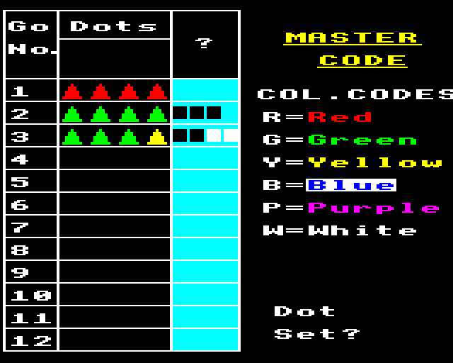 Games of Deduction (BBC Micro) screenshot: Mastercode: A Good Start
