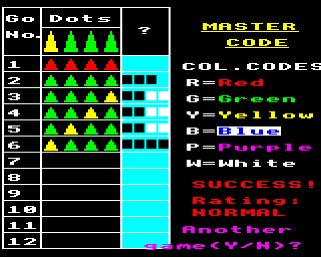 Games of Deduction (BBC Micro) screenshot: Mastercode: Puzzle Solved