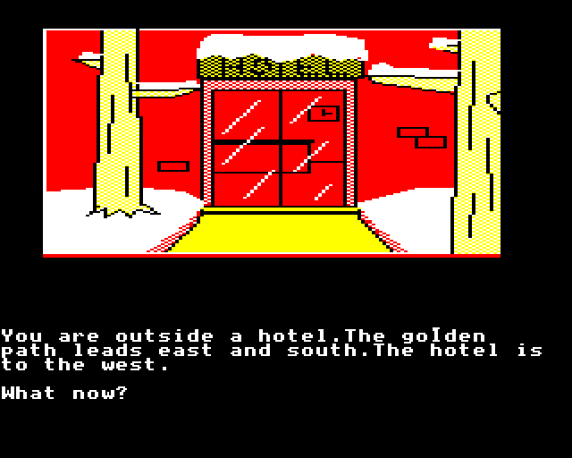 Winter Wonderland (BBC Micro) screenshot: Outside a Hotel