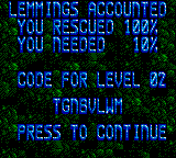 Lemmings (Game Gear) screenshot: Mission Accomplished