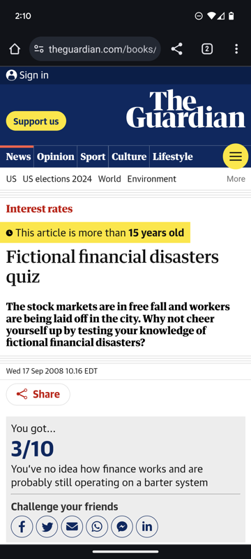 Fictional financial disasters quiz (Browser) screenshot: The score appears at the top when you're done