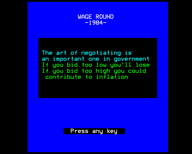 1984: A Game of Government Management (BBC Micro) screenshot: Setting Government Wages