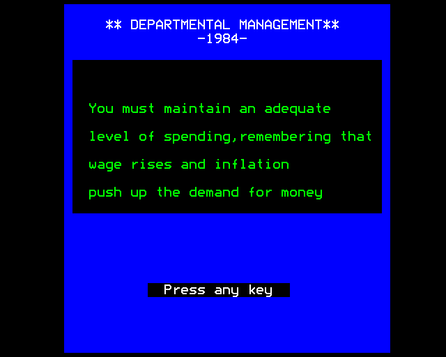 1984: A Game of Government Management (BBC Micro) screenshot: Setting Government Spending