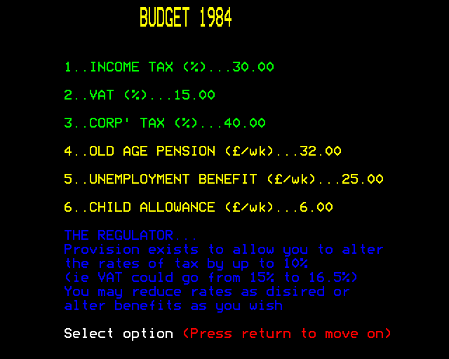 1984: A Game of Government Management (BBC Micro) screenshot: Current Budget