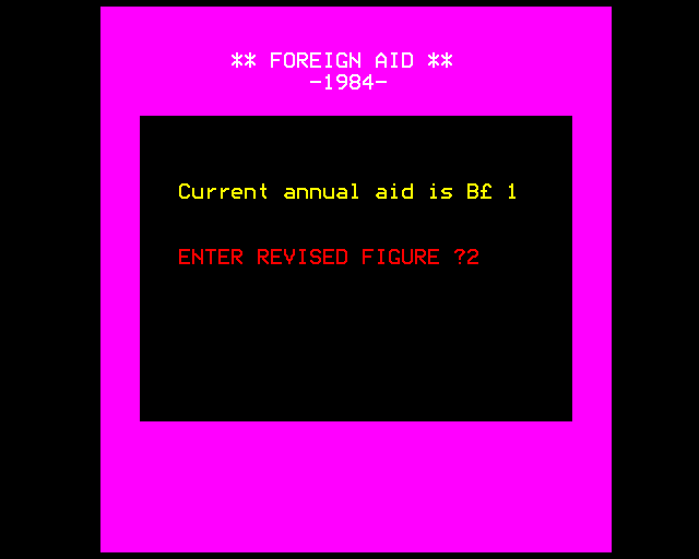 1984: A Game of Government Management (BBC Micro) screenshot: Annual Aid