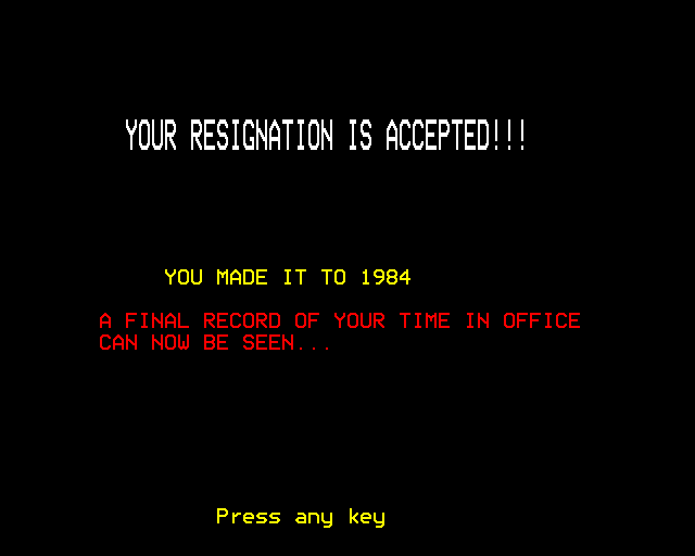 1984: A Game of Government Management (BBC Micro) screenshot: I Resign After 1 Year