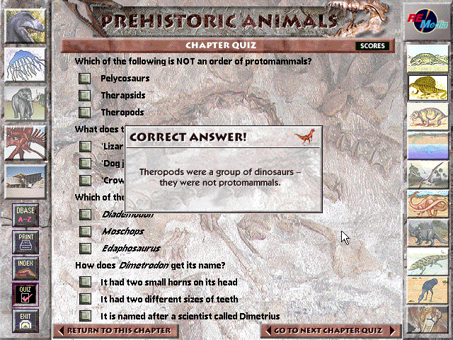 Prehistoric Animals (Windows 3.x) screenshot: Clicking on a answer (both right and wrong) only triggers a pop-up window