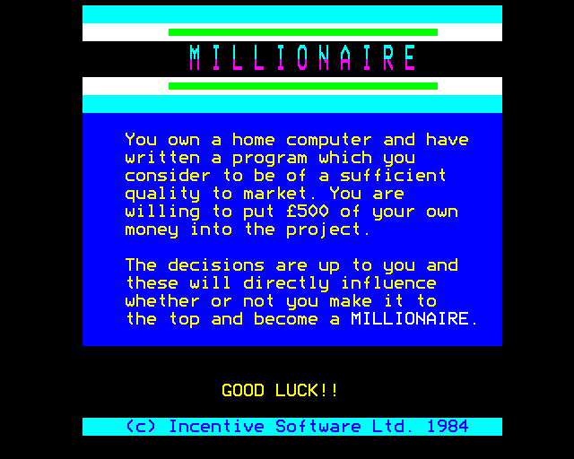 Millionaire (BBC Micro) screenshot: Introduction
