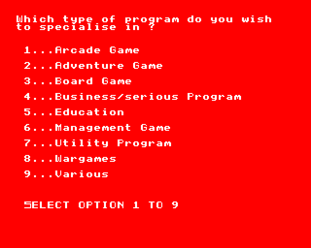 Millionaire (BBC Micro) screenshot: Choose Game Type