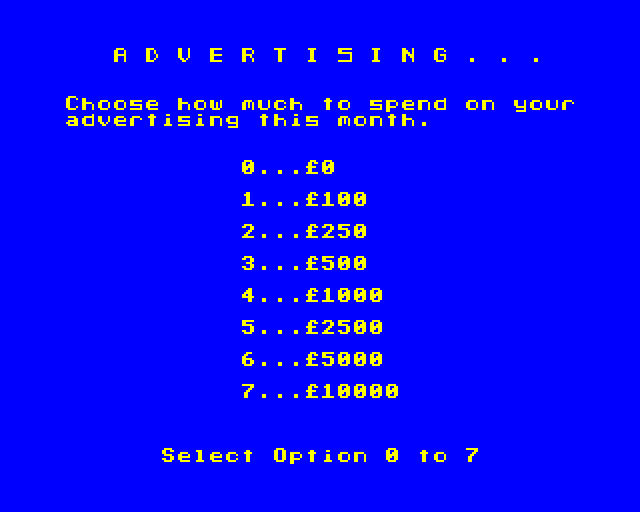 Millionaire (BBC Micro) screenshot: Spending on Advertising