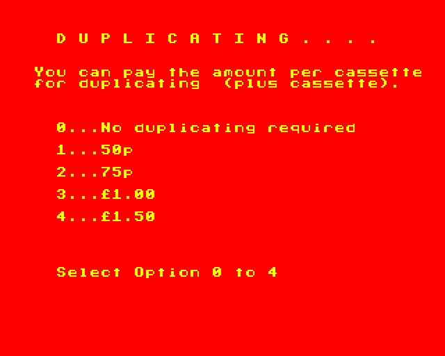 Millionaire (BBC Micro) screenshot: Spending on Tape Duplication