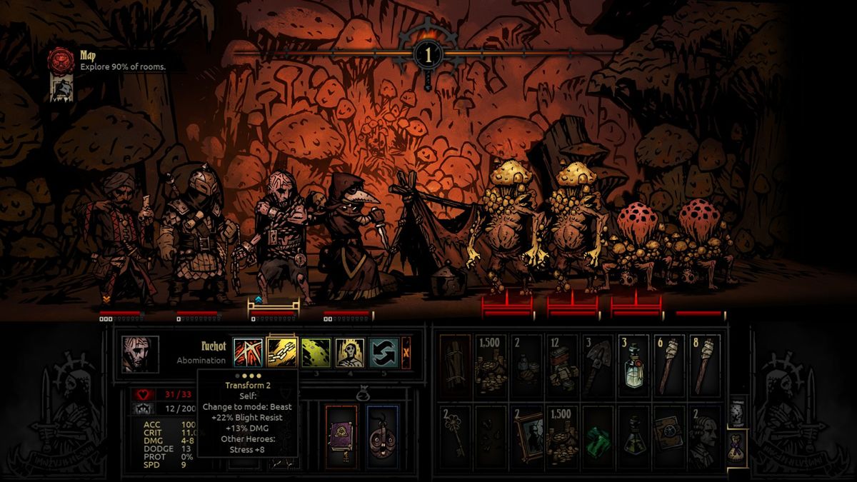 Darkest Dungeon (Windows) screenshot: Puchot isn't very fond of these fungus dudes.