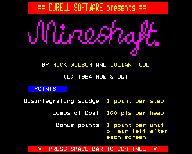 Mineshaft (BBC Micro) screenshot: Title Screen