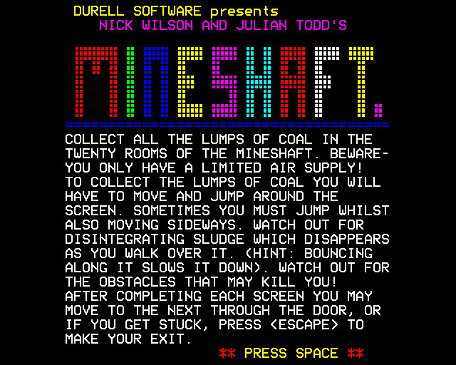 Mineshaft (BBC Micro) screenshot: Instructions