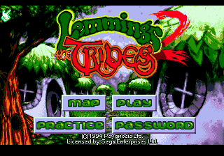 Lemmings 2: The Tribes (Genesis) screenshot: Title screen and main menu