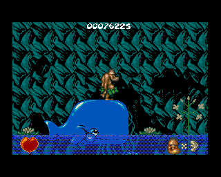 Chuck Rock (Amiga) screenshot: In level 3 a whale can be a good mean of transport.